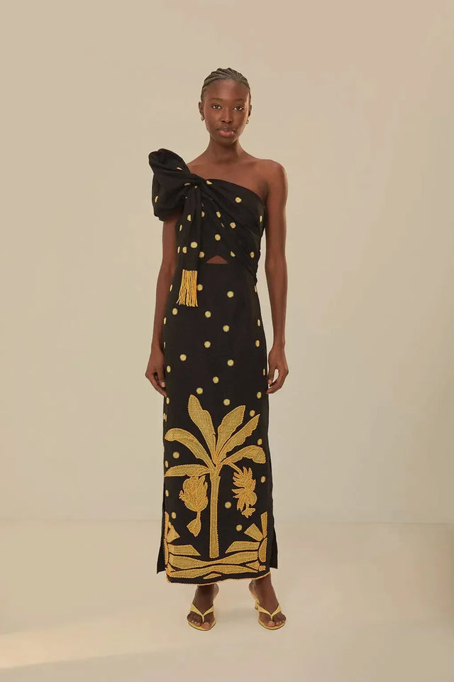 Farm Rio Banana Tree Premium Linen Midi Dress Black Size Small / AU 8 - 8 / Print - Dresses