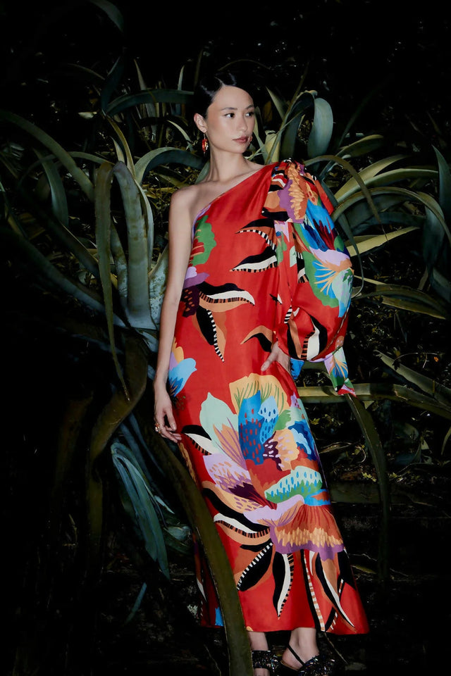 Farm Rio Red Lucy One Shoulder Maxi Dress Print Size 6 & 8 - Dresses
