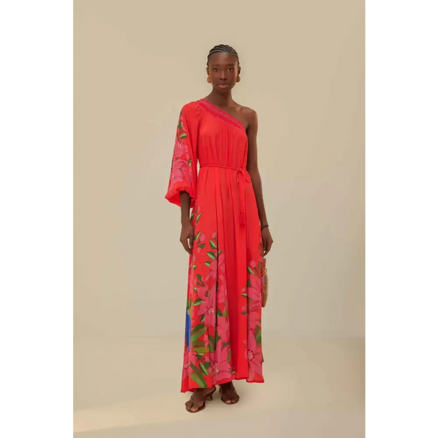 Farm Rio Summer Foliage Scarf Maxi Dress Red - Dresses
