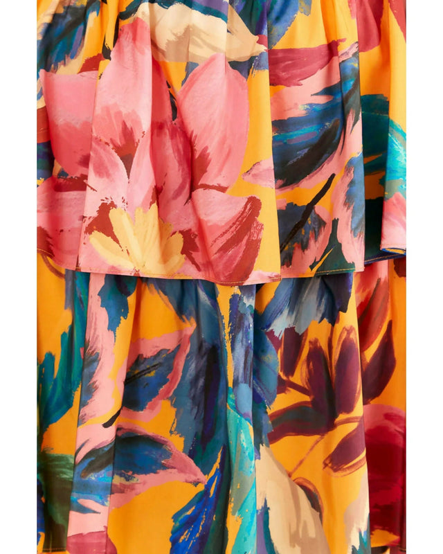 Farm Rio Yellow Painted Flowers Tiered Midi Dress Print Size Small / AU 8 - 10 / Multi - Dresses