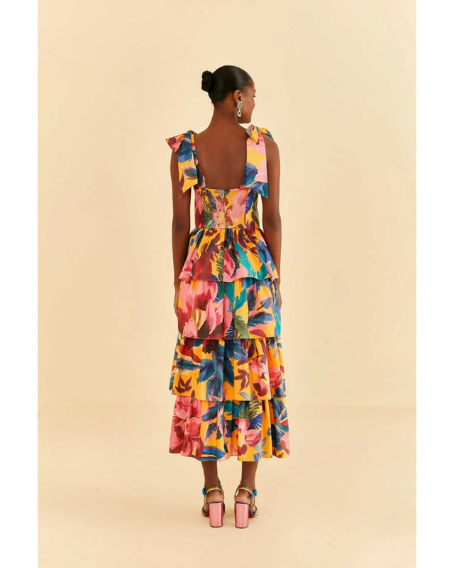 Farm Rio Yellow Painted Flowers Tiered Midi Dress Print Size Small / AU 8 - 10 / Multi - Dresses