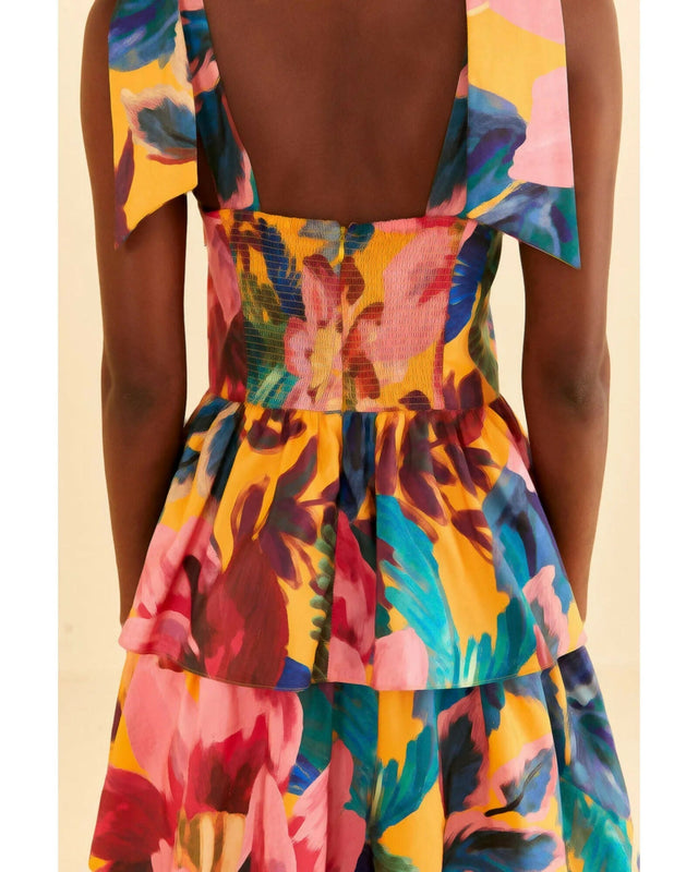 Farm Rio Yellow Painted Flowers Tiered Midi Dress Print Size Small / AU 8 - 10 / Multi - Dresses
