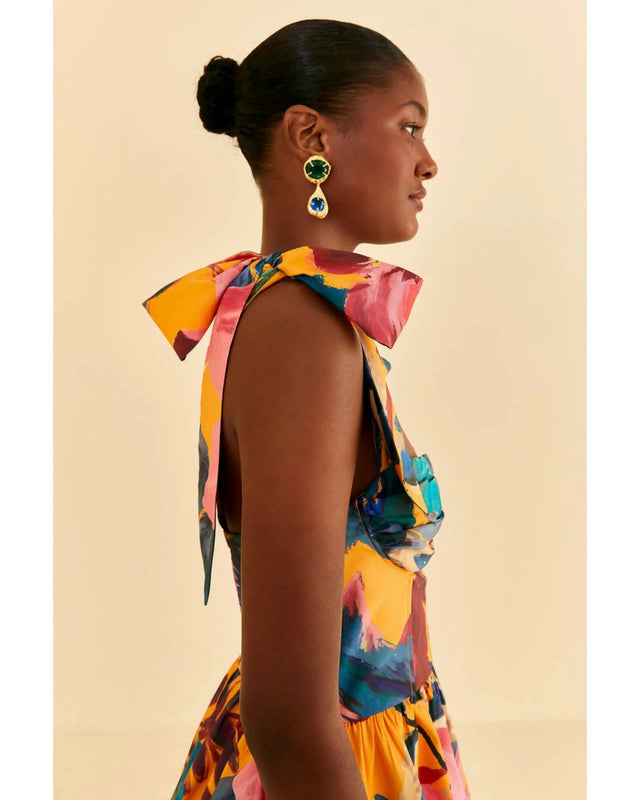 Farm Rio Yellow Painted Flowers Tiered Midi Dress Print Size Small / AU 8 - 10 / Multi - Dresses