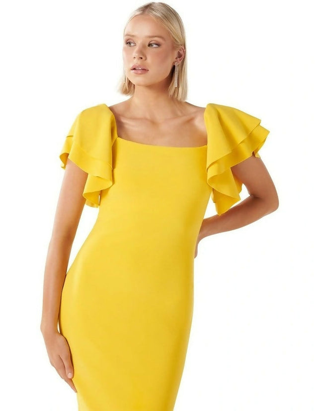 Forever New Kiki Ruffle-Sleeve Bodycon Dress - 8 / Yellow - Dresses