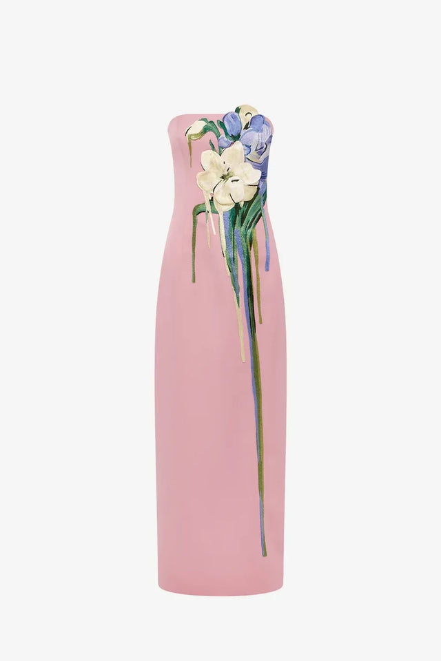 Leo Lin Rayna Embroidered Bustier Maxi Dress Bouquet Print in Pastel Pink