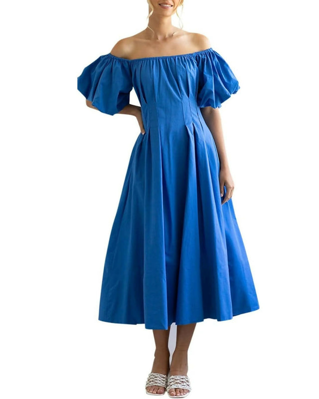 Gingham & Heels Lessey Off Shoulder Maxi Dress in Cobalt - 8 / Blue - Dresses
