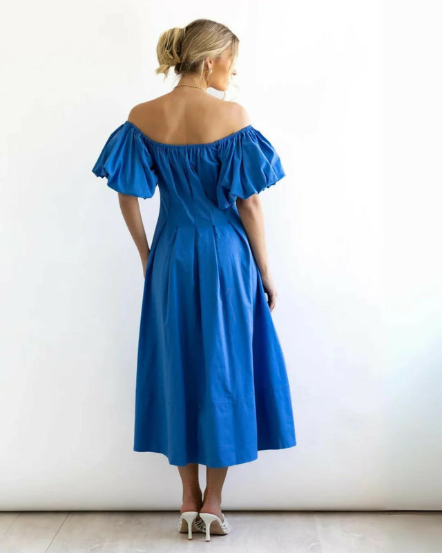 Gingham & Heels Lessey Off Shoulder Maxi Dress in Cobalt - 8 / Blue - Dresses