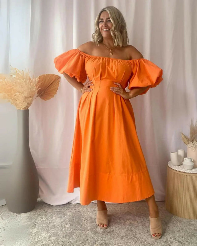 Gingham & Heels Lessey Off Shoulder Maxi Dress in Orange - Dresses