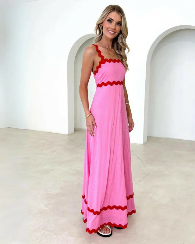 Gingham & Heels Vaina Linen Maxi Dress in Pink Wavy - Dresses