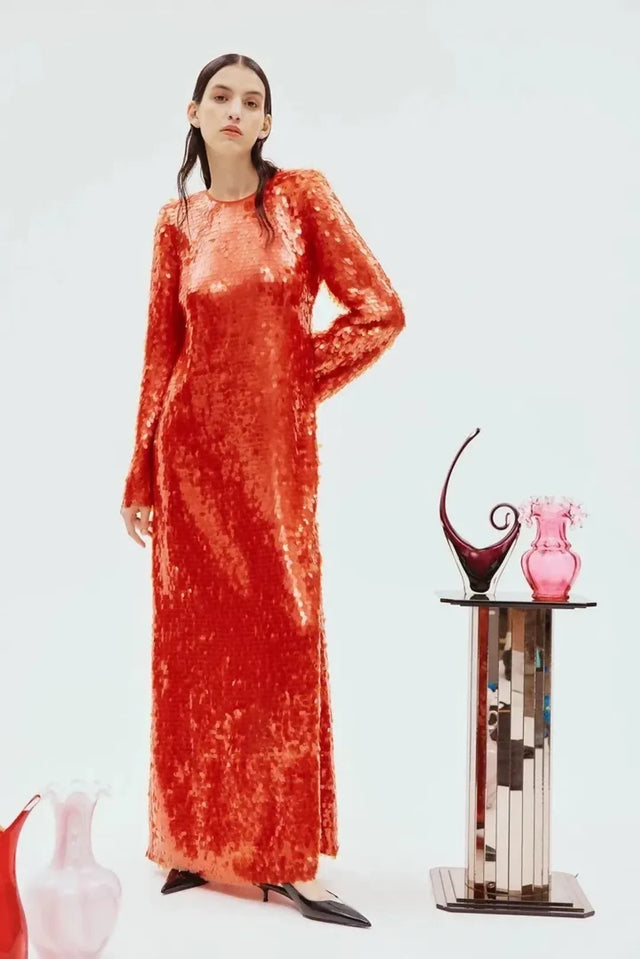 Alemais Geanie Long Sleeve Sequin Gown Red