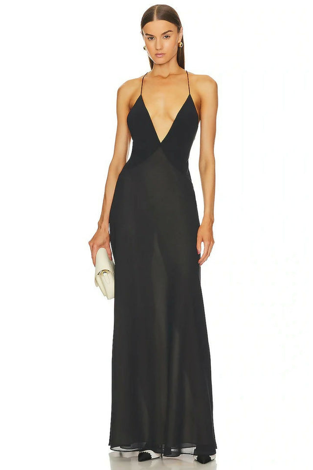 Helsa Sheer Deep V Long Slip Maxi Gown - Dresses