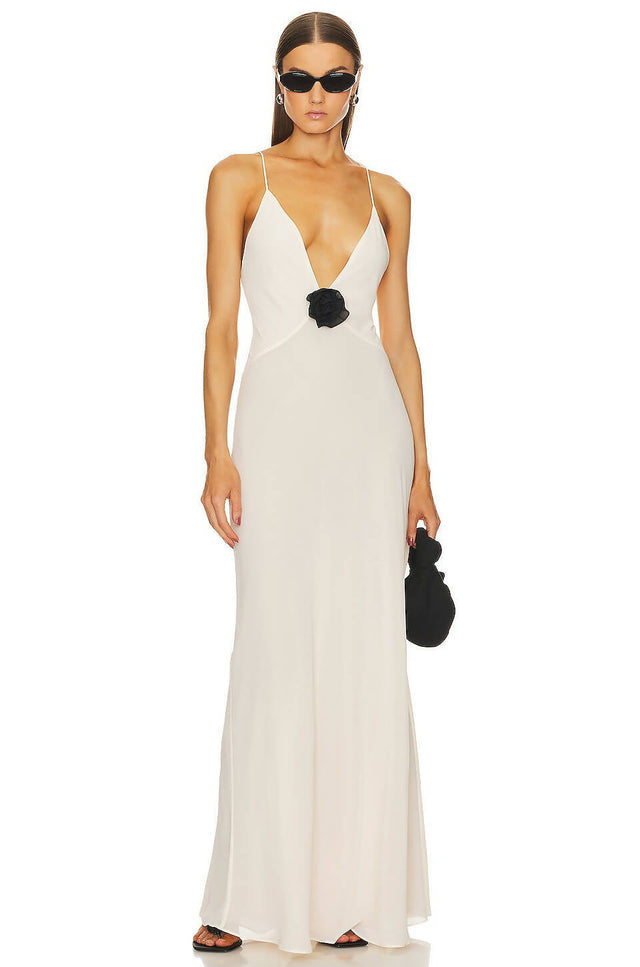 Helsa V Neck Maxi Dress in Ivory - 8 / White - Dresses