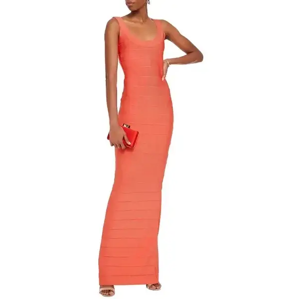 Herve Leger Round Neck Gown - 6 / Coral - Dresses