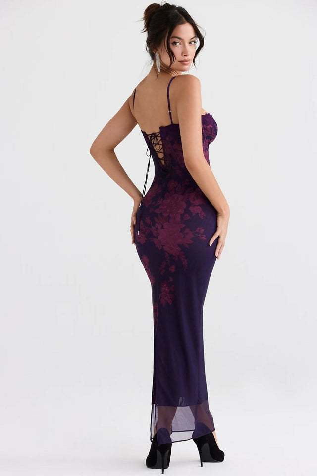 House of CB Aiza Grape Floral Print Maxi Dress - 8 - Dresses
