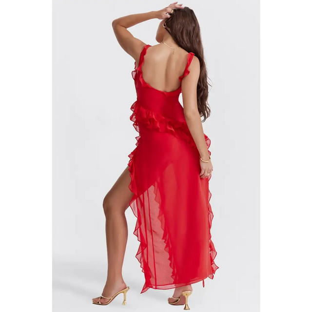 House of CB Ariela Cherry Ruffle Maxi Dress - 6 / Red - Dresses