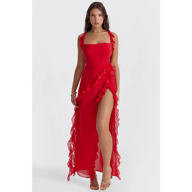 House of CB Ariela Cherry Ruffle Maxi Dress - 6 / Red - Dresses