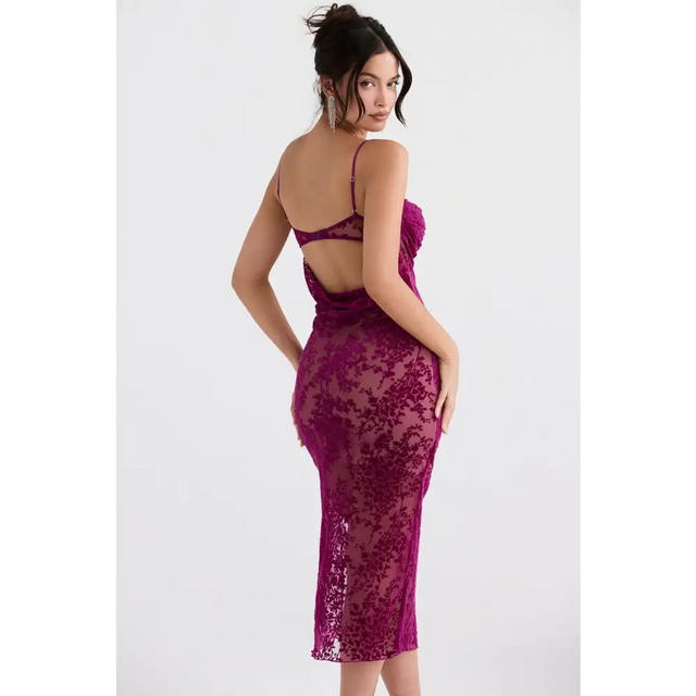 House of CB Ione Cranberry Devore Midi Dress - 8 / Red - Dresses