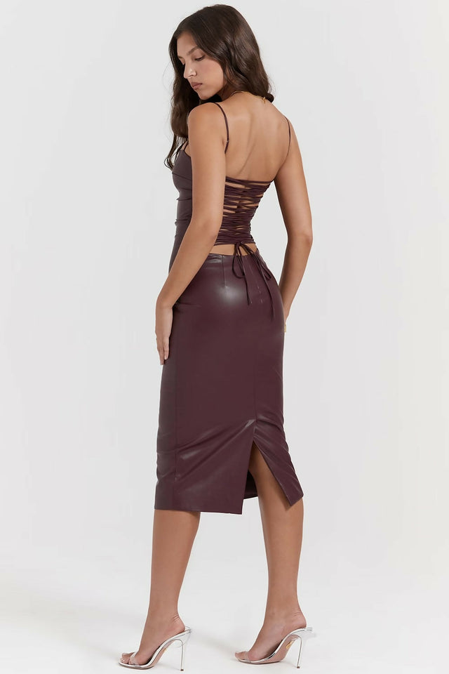 House of CB Jalena Mulberry Vegan Leather Lace Back Dress - 6 / Brown - Dresses