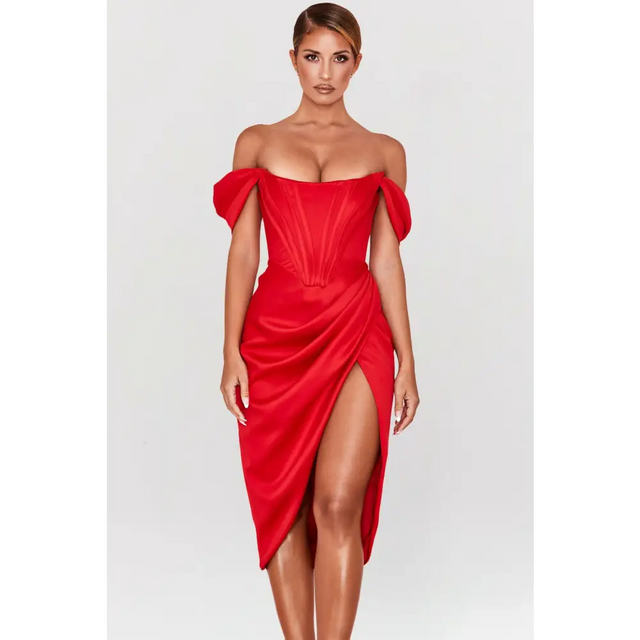 House of CB Loretta Red Satin Off Shoulder Midi Dress - Dresses