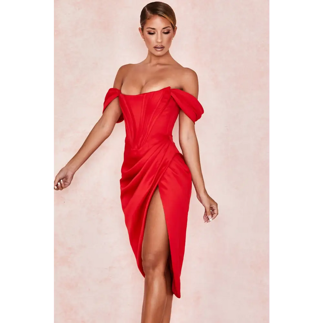 House of CB Loretta Red Satin Off Shoulder Midi Dress - Dresses