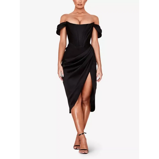 House of CB Loretta Satin Off Shoulder Dress - 8 / Black - Dresses