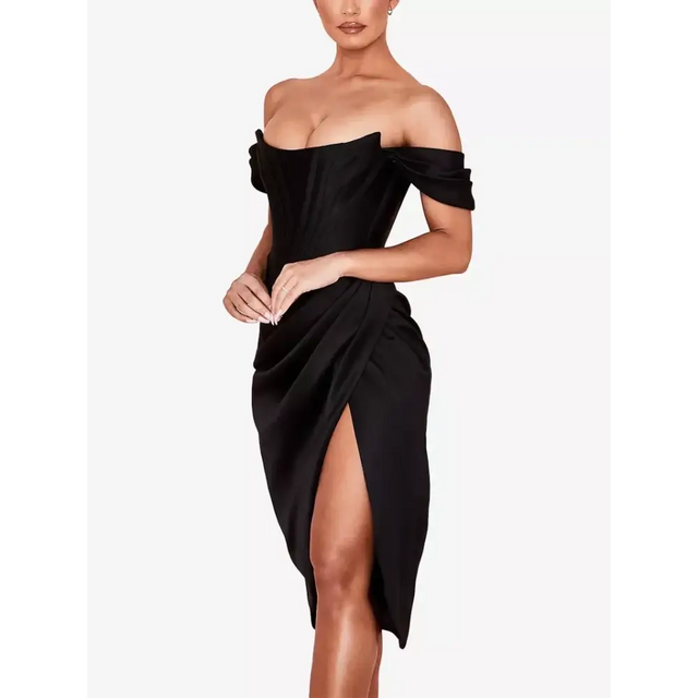 House of CB Loretta Satin Off Shoulder Dress - 8 / Black - Dresses