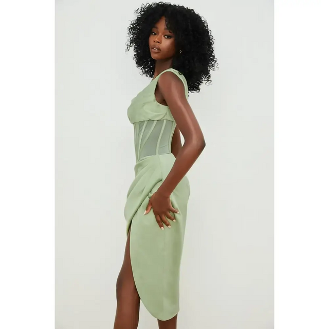 House of CB Lulu Pistachio Asymmetric Drape Midi Corset Dress - 8 / Green - Dresses