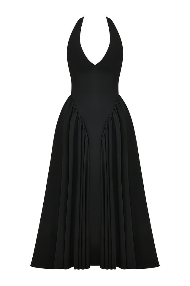 House Of CB Marilyn Twill Halter Midi Dress - 12 / Black - Dresses