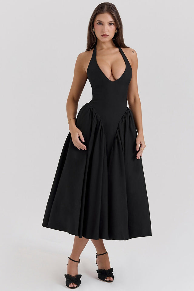 House Of CB Marilyn Twill Halter Midi Dress - 12 / Black - Dresses