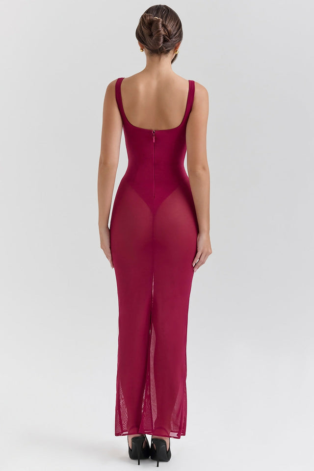 House Of CB Robina Wine Stretch Mesh Maxi Dress - 8 / Red - Dresses