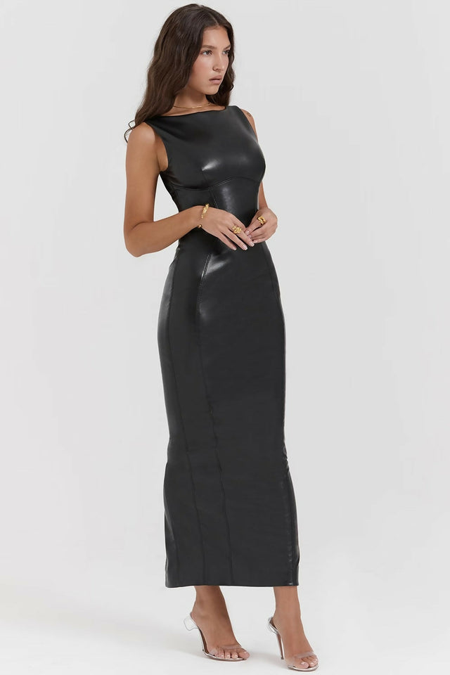 House of CB Sahara Black Vegan Leather Maxi Dress - 8 / Black - Dresses