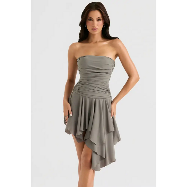 House of CB Valeria - Smoke Gathered Asymmetric Dress - 6 / Grey - Dresses