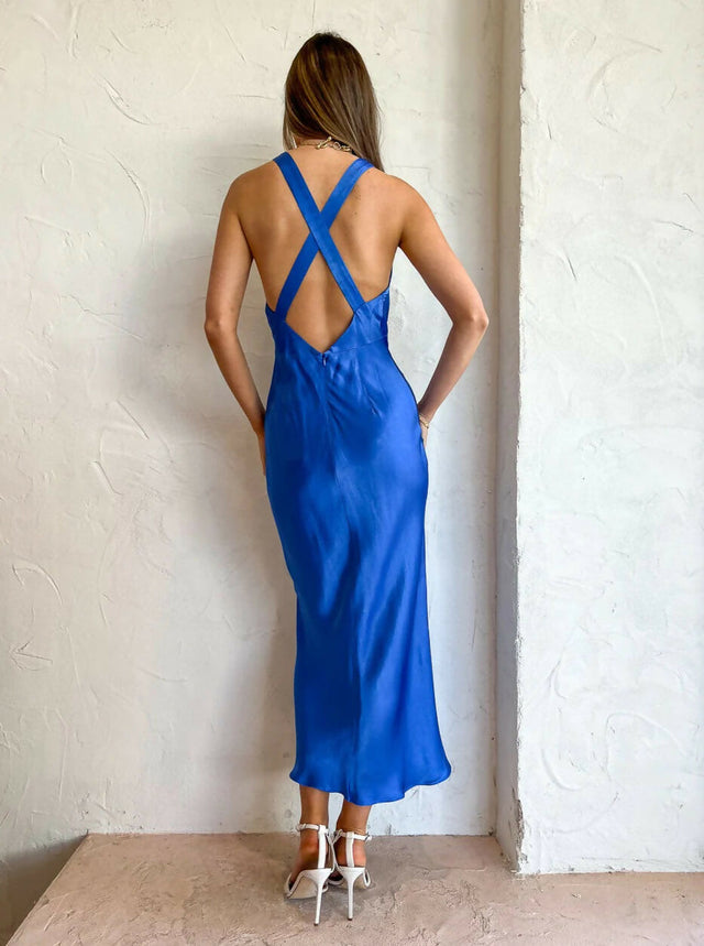 Shona Joy Oliviera Plunged Cross Back Midi Dress Strong Blue