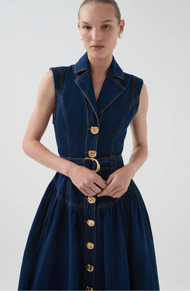 Aje Elena Belted Denim Midi Dress