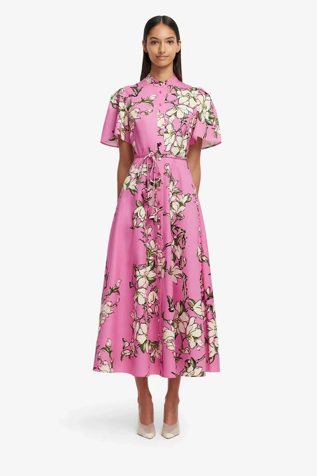 Leo Lin Bianca Short Sleeve Midi Dress - Pink Magnolia Print