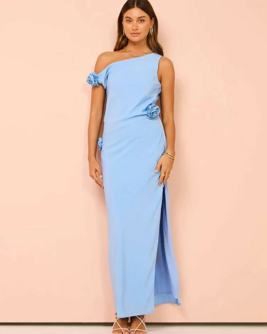 Issy Off Shoulder Flower Maxi Dress In Blue - 12 / Blue - Dresses