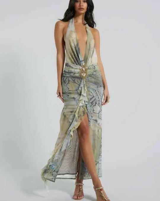 Jaded London Cindy Plunge Maxi Dress In Green - 10 / Multi - Dresses