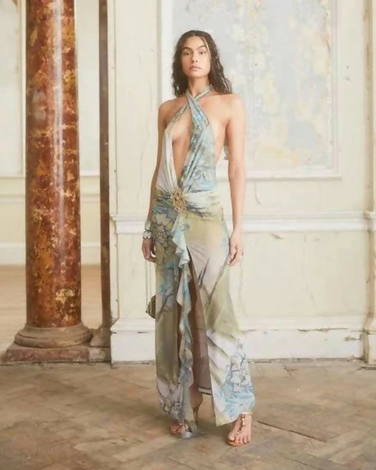 Jaded London Cindy Plunge Maxi Dress In Green - 10 / Multi - Dresses