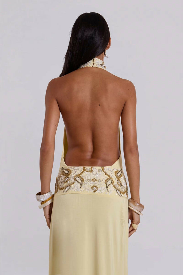 Jaded London Darya Hand Beaded Backless Maxi Dress in Butter - 6 / Yellow - Dresses