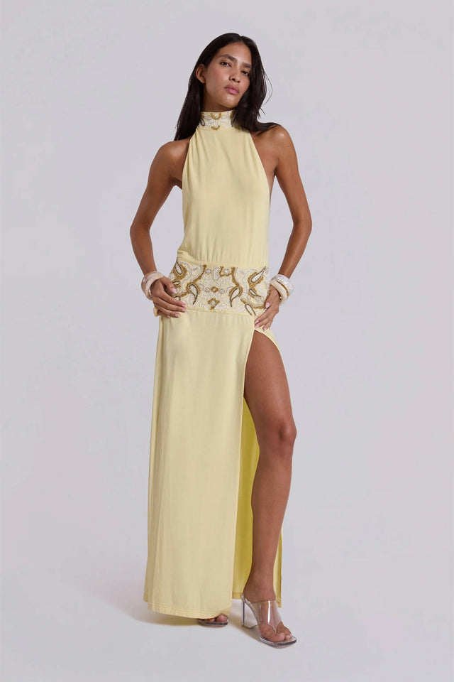 Jaded London Darya Hand Beaded Backless Maxi Dress in Butter - 6 / Yellow - Dresses