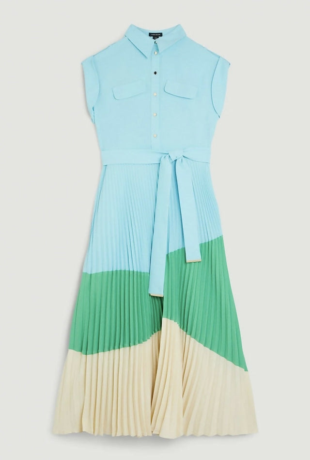 Karen Millen Color Block Pleated Woven Midi Shirt Dress - 8 / Multi - Dresses