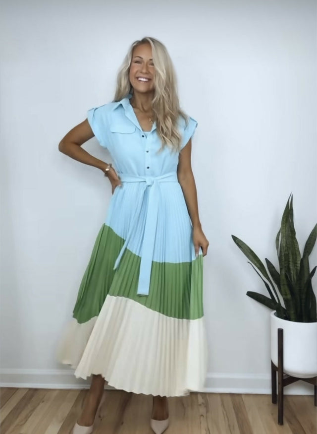 Karen Millen Color Block Pleated Woven Midi Shirt Dress - 8 / Multi - Dresses