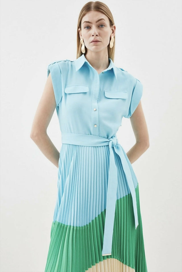 Karen Millen Color Block Pleated Woven Midi Shirt Dress - 8 / Multi - Dresses