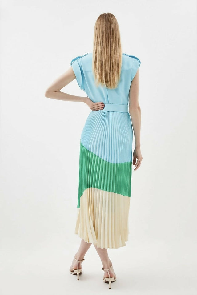 Karen Millen Color Block Pleated Woven Midi Shirt Dress - 8 / Multi - Dresses