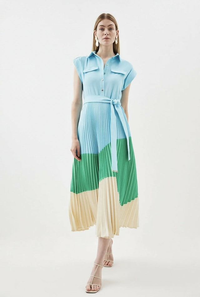 Karen Millen Color Block Pleated Woven Midi Shirt Dress - 8 / Multi - Dresses