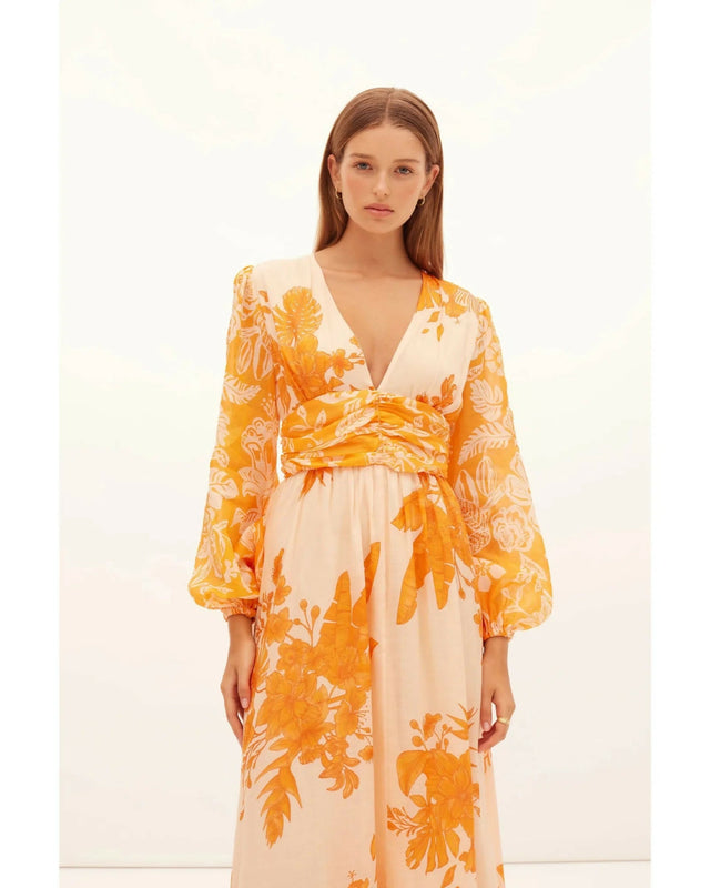 Kate Ford Hester Ruched Gown Orange Print Size AU 12 - 12 / Orange - Dresses