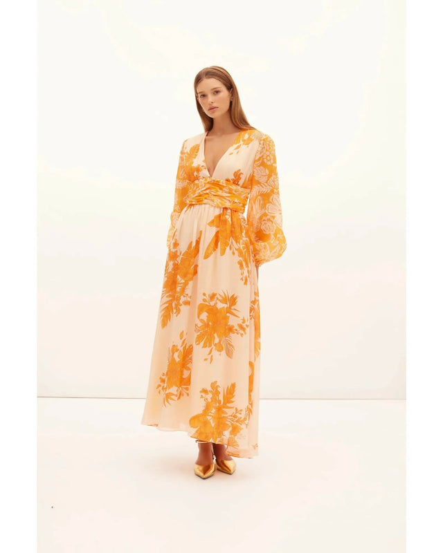Kate Ford Hester Ruched Gown Orange Print Size AU 12 - 12 / Orange - Dresses