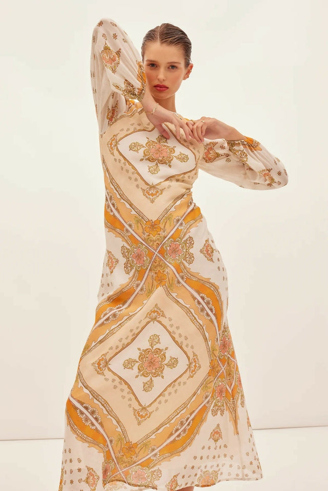 Kate Ford Mantilla Sleeved Gown Zinnia Print Size 3 (AU 12) - Dresses