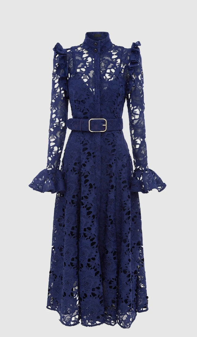 Leo Lin Aliyah Lace Butterfly Sleeve Midi Dress - Oxford Blue - 10 / Blue - Dresses