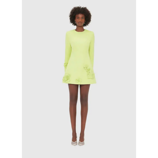 Leo Lin Aliza Long Sleeve Petal Mini Dress in Chartreuse - 12 / Green - Dresses